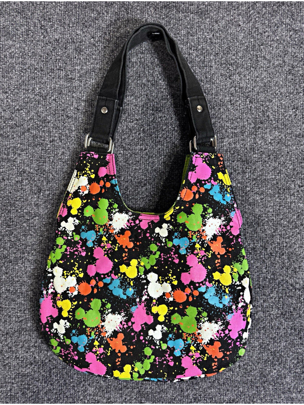 Disney Parks Mickey Mouse Neon Paint Splatter Canvas Hobo Shoulder Bag Purse GUC